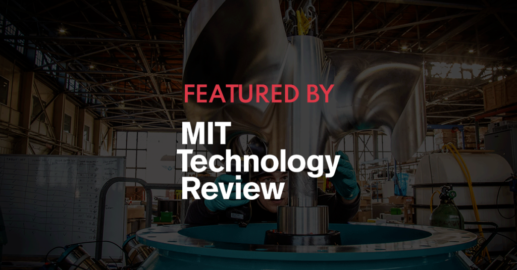 Natel Energy's fish-safe hydropower turbine in a warehouse, with "FEATURED BY MIT Technology Review" overlaid on the image. This represents Alder's client success in gaining top-tier media coverage.