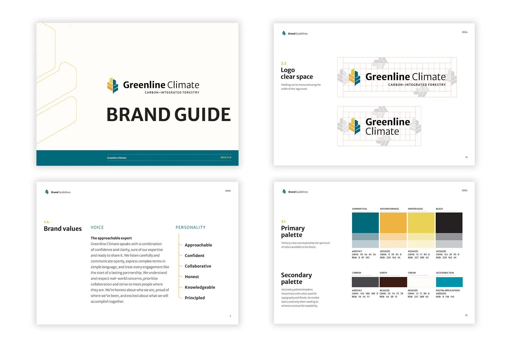 Selection of pages from the Greenline Climate Brand Guide.